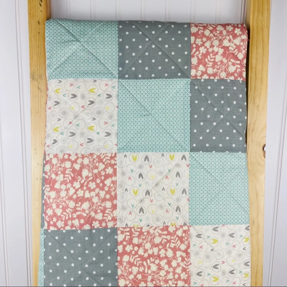 Handmade Easter / Spring Quilt Dusty Rose Blue Polka Dot Nursery Baby Bedding